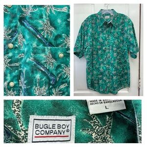 Vintage Bugle Boy Hawaiian Golf button down short sleeve shirt men's large green